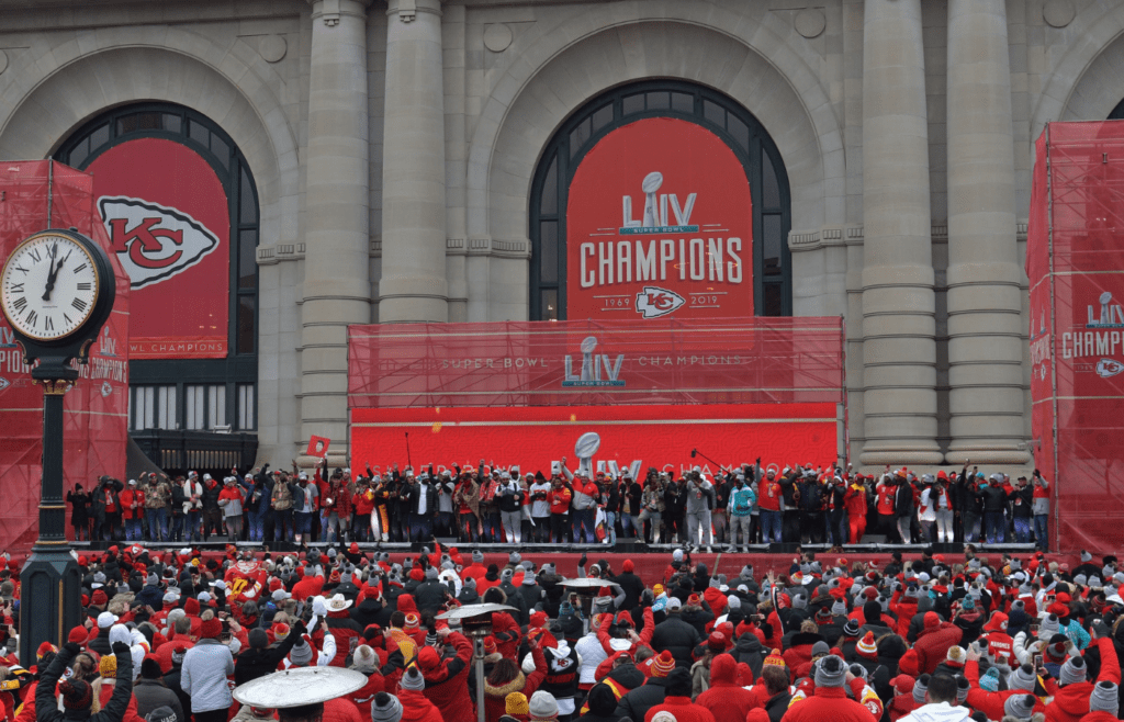 Feb 5, 2020; Kansas City, Missouri, USA; An overall view of the stage as the Kansas City Chiefs celebrate during the Champions rally.. Mandatory Credit: Denny Medley-Imagn Images