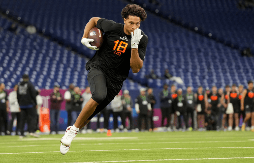 Mar 1, 2025; Indianapolis, IN, USA; Iowa State wideout Jayden Higgins (WO18) during the 2025 NFL Combine at Lucas Oil Stadium. Mandatory Credit: Kirby Lee-Imagn Images