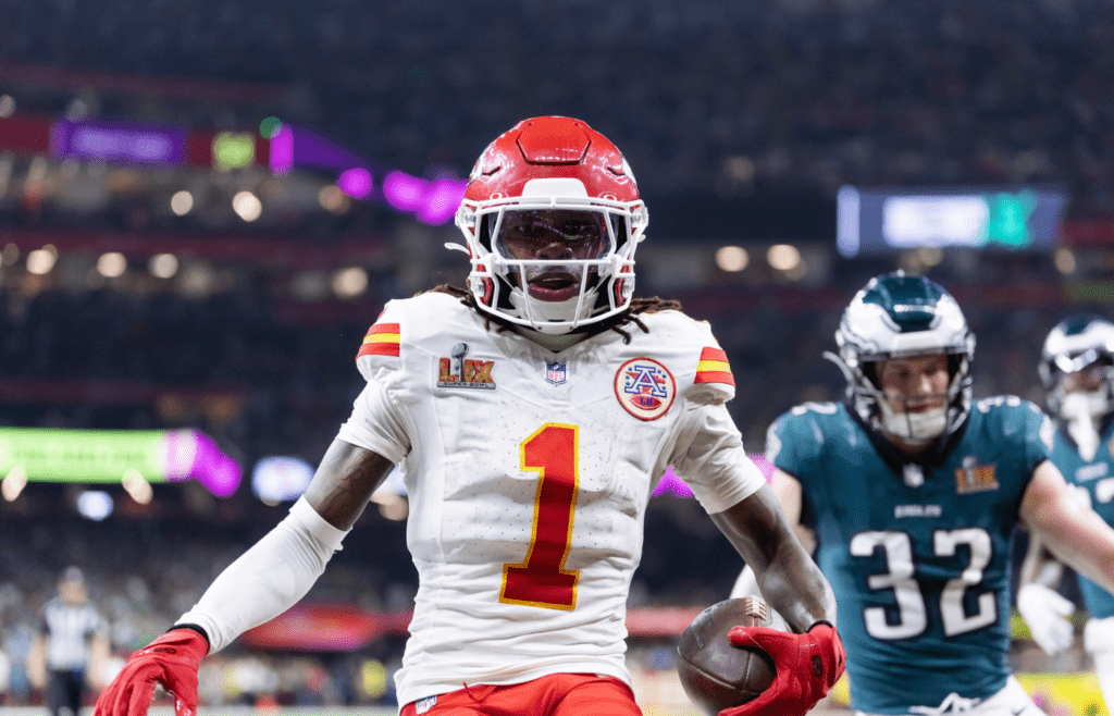 Feb 9, 2025; New Orleans, LA, USA; Kansas City Chiefs wide receiver Xavier Worthy (1) against the Philadelphia Eagles in Super Bowl LIX at Ceasars Superdome. Mandatory Credit: Mark J. Rebilas-Imagn Images