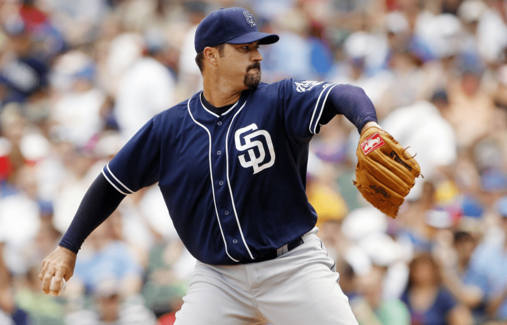 May 28, 2012; Chicago, IL, USA; San Diego Padres starting pitcher Jeff Suppan throws a pitch during the first inning against the Chicago Cubs at Wrigley Field. Mandatory Credit: Jerry Lai-Imagn Images