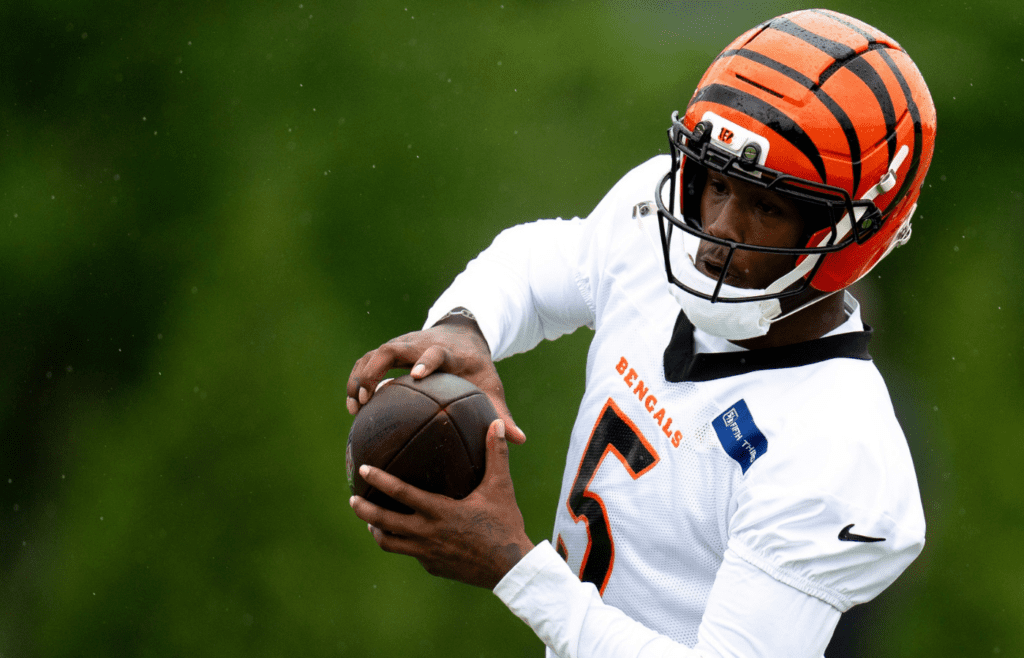 Cincinnati Bengals wide receiver Tee Higgins (5) catches a pass during the Cincinnati Bengals practice in Cincinnati on Tuesday, May 27, 2025.