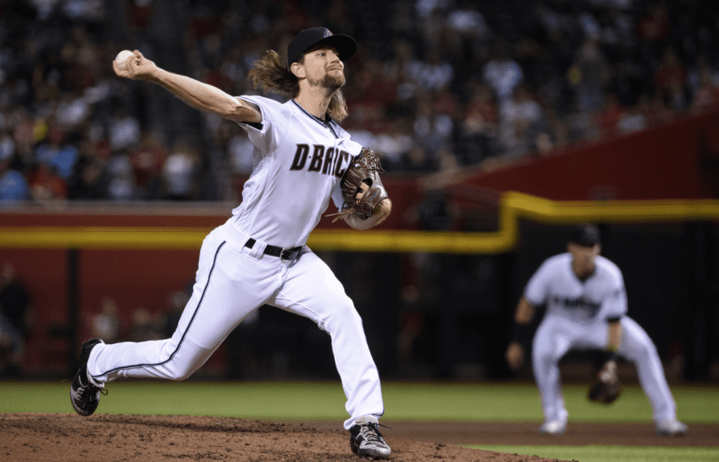 Sep 24, 2019; Phoenix, AZ, USA; Arizona Diamondbacks starting pitcher Mike Leake (8) delivers a pitch in the third inning against the St. Louis Cardinals at Chase Field. Mandatory Credit: Jennifer Stewart-Imagn Images