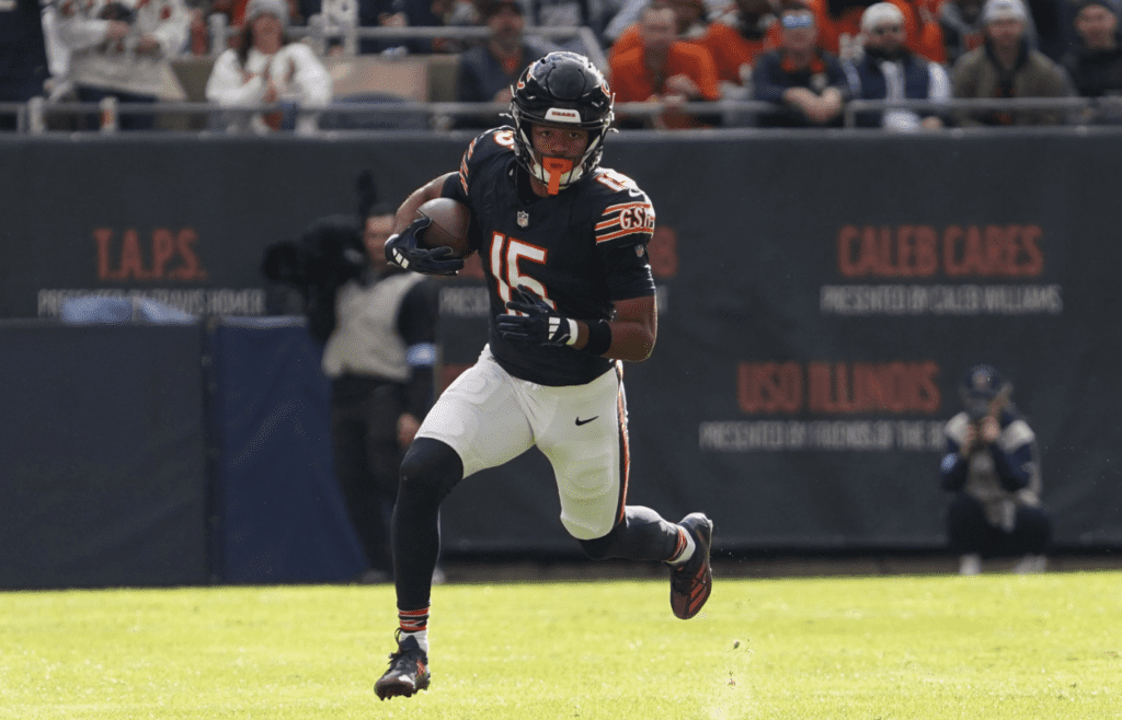 Nov 10, 2024; Chicago, Illinois, USA; Chicago Bears wide receiver Rome Odunze (15) catches a pass and runs against the New England Patriots during the first half at Soldier Field. Mandatory Credit: David Banks-Imagn Images