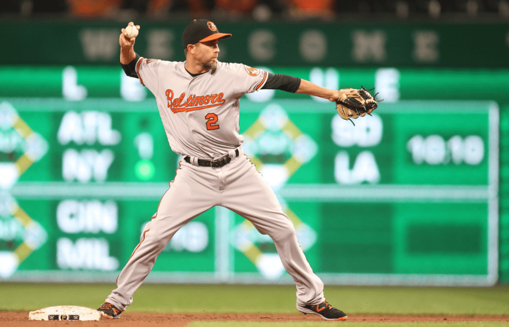 Sep 27, 2017; Pittsburgh, PA, USA; Baltimore Orioles shortstop J.J. Hardy (2) throws to first base after a force out at second base against the Pittsburgh Pirates during the second inning at PNC Park. Mandatory Credit: Charles LeClaire-Imagn Images