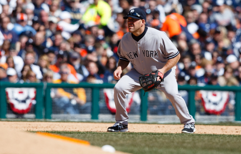 April 5, 2013; Detroit, MI, USA; New York Yankees third baseman Kevin Youkilis (36) in the field against the Detroit Tigers at Comerica Park. Mandatory Credit: Rick Osentoski-Imagn Images