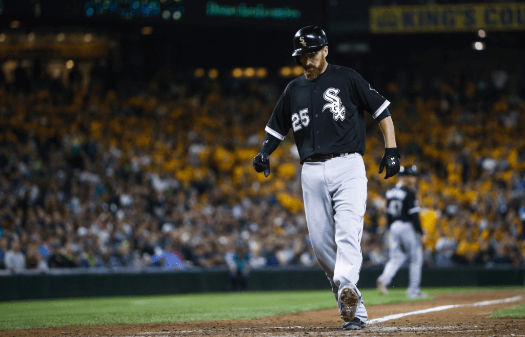 Aug 21, 2015; Seattle, WA, USA; Chicago White Sox first baseman Adam LaRoche (25) scores a run on a bases-loaded walk during the eighth inning against the Seattle Mariners at Safeco Field. Mandatory Credit: Joe Nicholson-Imagn Images