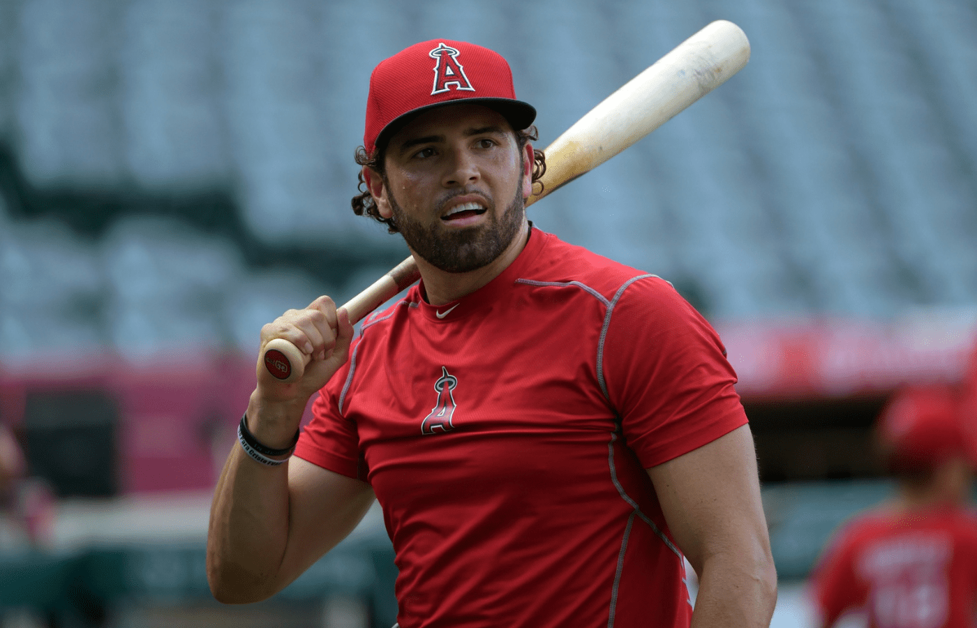 Sep 8, 2015; Anaheim, CA, UCA; Los Angeles Angels left fielder David DeJesus before the game against the Los Angeles Dodgers at Angel Stadium of Anaheim. Mandatory Credit: Kirby Lee-Imagn Images