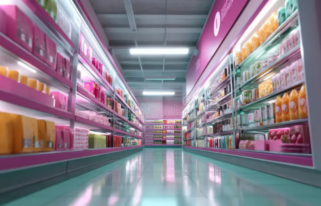 A grocery aisle with colorful packaging at eye height