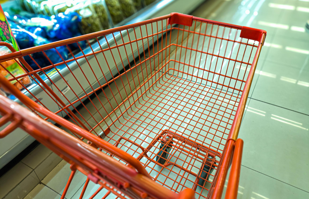 A large empty cart in a store aisle