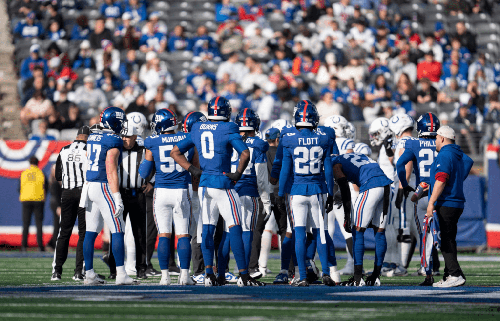New York Giants defense gets ready on the field during a game between New York Giants and Indianapolis Colts at MetLife Stadium on Sunday, Dec. 29, 2024.