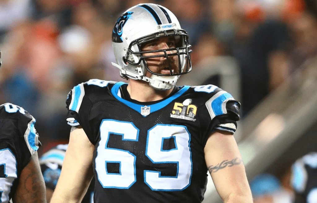Feb 7, 2016; Santa Clara, CA, USA; Carolina Panthers defensive end Jared Allen (69) against the Denver Broncos in Super Bowl 50 at Levi's Stadium. Mandatory Credit: Mark J. Rebilas-Imagn Images