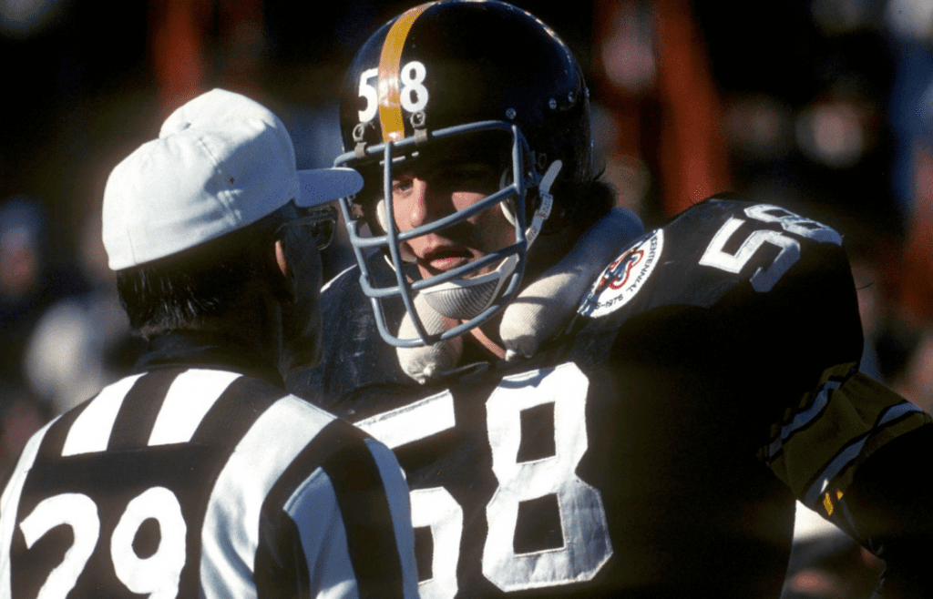 Jan 18, 1976; Miami, FL, USA; FILE PHOTO; Pittsburgh Steelers linebacker Jack Lambert (58) during Super Bowl X against the Dallas Cowboys at the Orange Bowl. The Steelers defeated the Cowboys 21-17. Mandatory Credit: Dick Raphael-Imagn Images