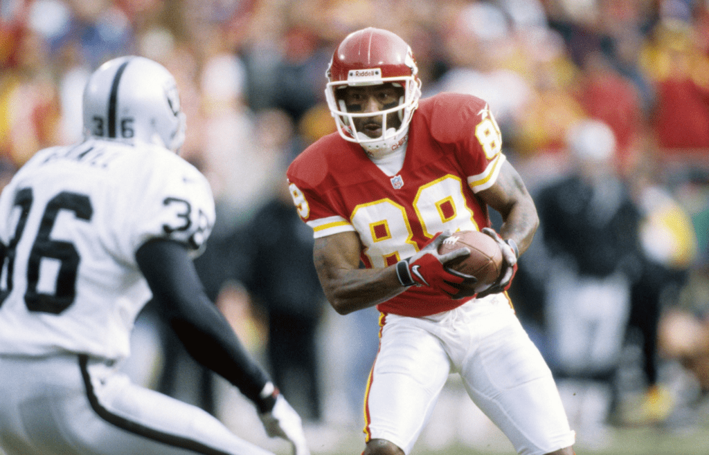 Dec 7, 1997; Kansas City, MO, USA; FILE PHOTO; Kansas City Chiefs receiver receiver Andre Rison (89) in action against the Oakland Raiders at Arrowhead Stadium. Mandatory Credit: James D. Smith-Imagn Images