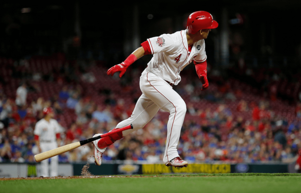 Cincinnati Reds shortstop Jose Iglesias (4) runs for first as he hits a solo home run to center field in the seventh inning of the MLB National League game between the Cincinnati Reds and the Chicago Cubs at Great American Ball Park in downtown Cincinnati on Wednesday, May 15, 2019. The Reds won 6-5 on a walk-off single by Yasiel Puig in the bottom of the 10th inning. Chicago Cubs At Cincinnati Reds