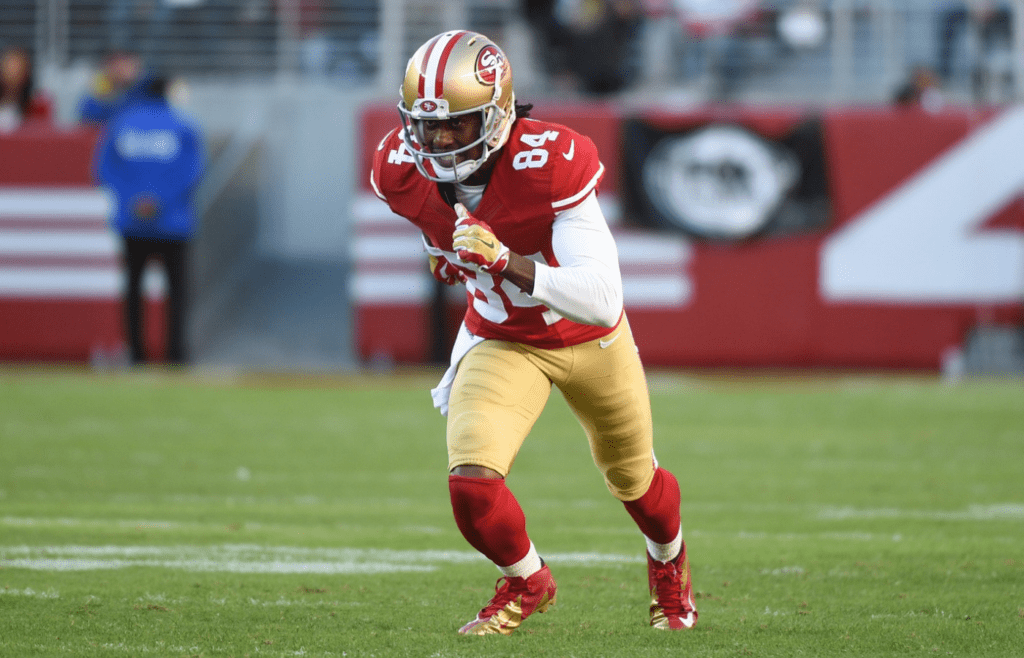 November 2, 2014; Santa Clara, CA, USA; San Francisco 49ers wide receiver Brandon Lloyd (84) runs a route during the third quarter against the St. Louis Rams at Levi's Stadium. The Rams defeated the 49ers 13-10. Mandatory Credit: Kyle Terada-Imagn Images