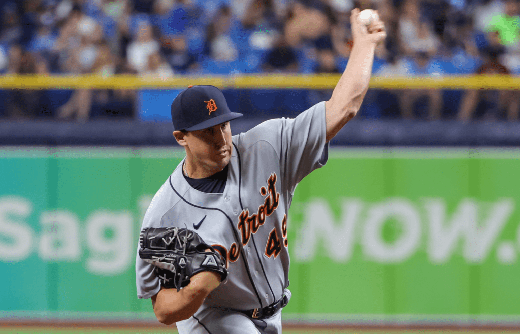 Sep 19, 2021; St. Petersburg, Florida, USA; Detroit Tigers relief pitcher Derek Holland (49) throws a pitch during the eighth inning against the Tampa Bay Rays at Tropicana Field. Mandatory Credit: Mike Watters-Imagn Images
