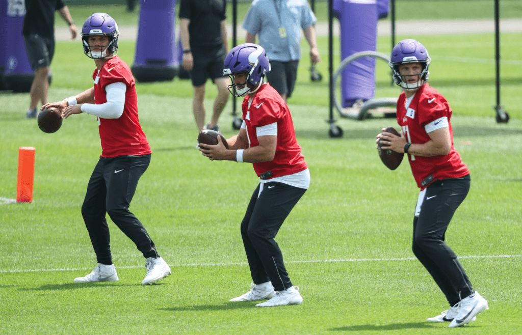 Jun 10, 2025; Minneapolis, MN, USA; Minnesota Vikings quarterback J.J. McCarthy (9), quarterback Sam Howell (8) and quarterback Brett Rypien (11) practice during minicamp at the Minnesota Vikings Training Facility. Mandatory Credit: Matt Krohn-Imagn Images