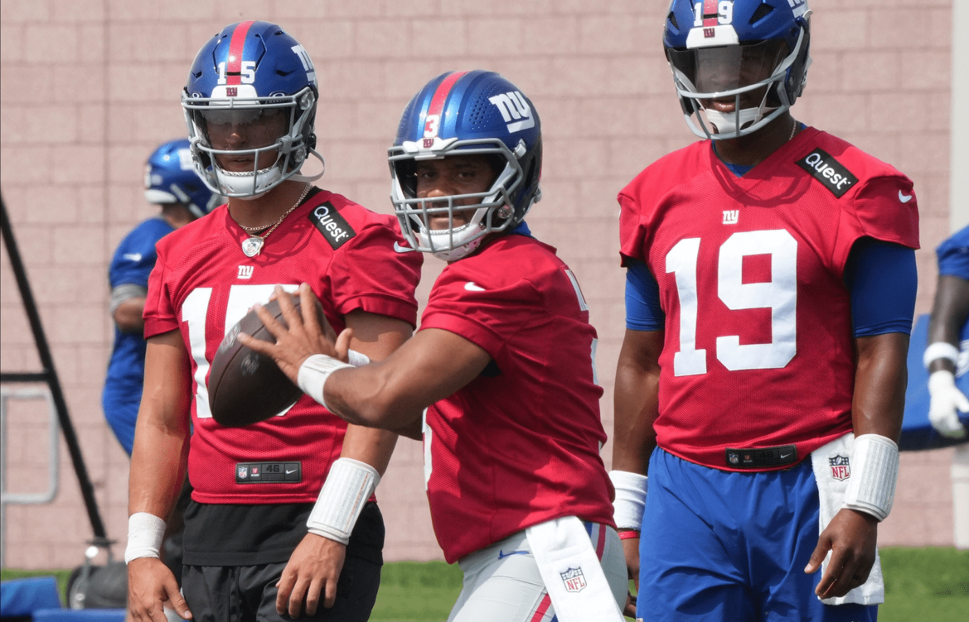 East Rutherford, NJ -- June 5, 2025 -- Quarterbacks, JTommy DeVito, Russell Wilson and Jameis Winston as the New York Giants players participate in their 2025