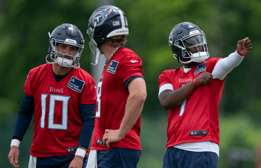 Tennessee Titans quarterbacks Brandon Allen (10), Will Levis (8) and Cam Ward run through drills during OTAs at Ascension Saint Thomas Sports Park in Nashville, Tenn., Wednesday, May 28, 2025.