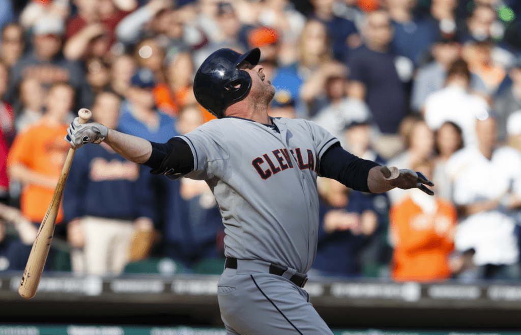 Sep 14, 2014; Detroit, MI, USA; Cleveland Indians pinch hitter Jason Giambi (72) pops up to end the game against the Detroit Tigers at Comerica Park. Detroit won 6-4. Mandatory Credit: Rick Osentoski-Imagn Images