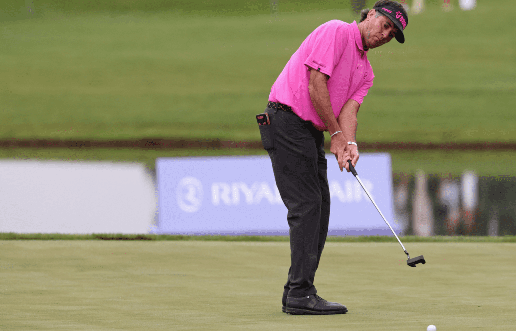Jun 8, 2025; Gainesville, Virginia, USA; Bubba Watson of team RangeGoats GC putts on the fourth hole during the final round of the LIV Golf Virginia golf tournament at Robert Trent Jones Golf Club. Mandatory Credit: Geoff Burke-Imagn Images