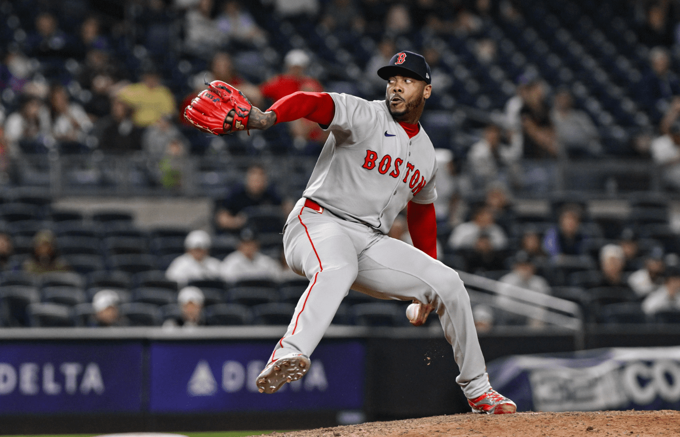 Jun 8, 2025; Bronx, New York, USA; Boston Red Sox pitcher Aroldis Chapman (44) pitches against the New York Yankees during the ninth inning at Yankee Stadium. Mandatory Credit: John Jones-Imagn Images