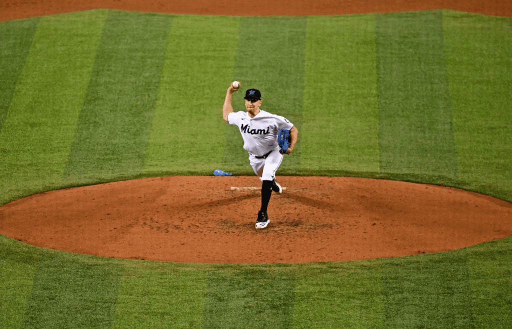Aug 18, 2020; Miami, Florida, USA; Miami Marlins relief pitcher Pat Venditte (46) delivers a pitch as a right hander in the sixth inning against the New York Mets at Marlins Park. Mandatory Credit: Jasen Vinlove-Imagn Images