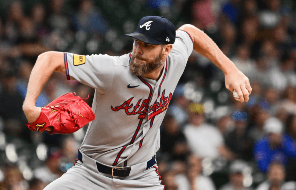 Jun 9, 2025; Milwaukee, Wisconsin, USA; Atlanta Braves starting pitcher Chris Sale (51) throws a pitch in the first inning against the Milwaukee Brewers at American Family Field. Mandatory Credit: Benny Sieu-Imagn Images