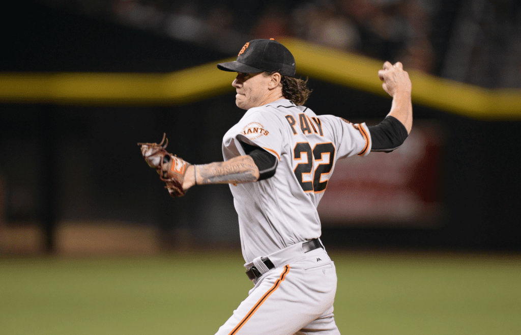Sep 10, 2016; Phoenix, AZ, USA; San Francisco Giants starting pitcher Jake Peavy (22) pitches against the Arizona Diamondbacks at Chase Field. The Giants won 11-3. Mandatory Credit: Joe Camporeale-Imagn Images