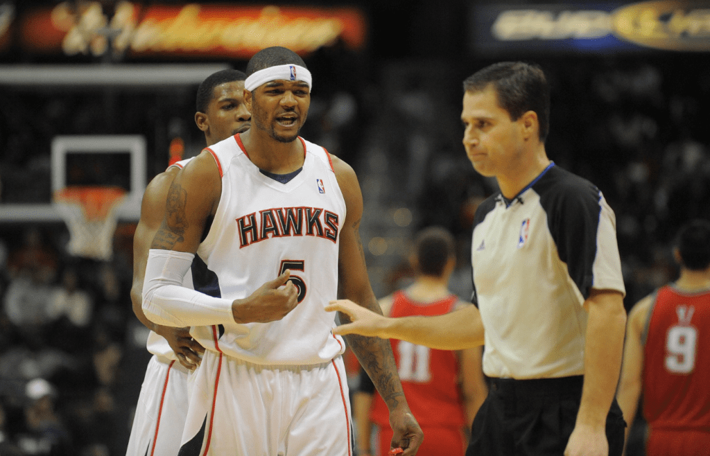 Jan 6, 2010; Atlanta, GA, USA; Atlanta Hawks forward Josh Smith (5) reacts after being called for a technical foul against the New Jersey Nets in the second quarter at Philips Arena. The Hawks defeated the Nets 119-89. Mandatory Credit: Dale Zanine-Imagn Images