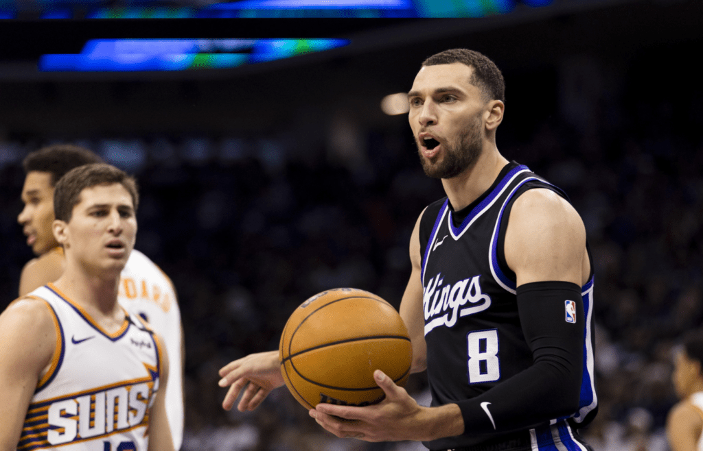 Apr 13, 2025; Sacramento, California, USA; Sacramento Kings guard Zach LaVine (8) reacts during the second quarter against the Phoenix Suns at Golden 1 Center. Mandatory Credit: John Hefti-Imagn Images