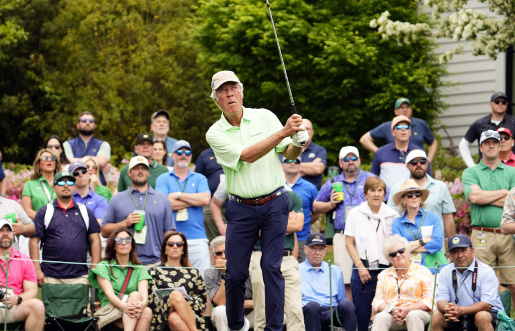 Apr 10, 2024; Augusta, Georgia, USA; Ben Crenshaw tees off on No. 3 during the Par 3 Contest at Augusta National Golf Club. Mandatory Credit: Rob Schumacher-USA TODAY Network