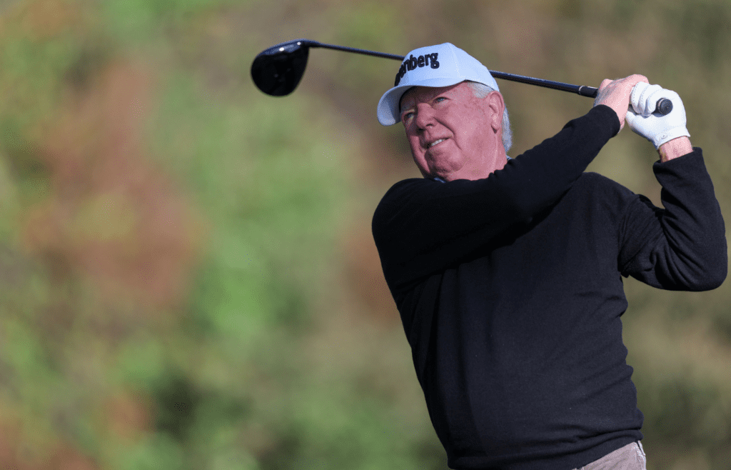 Dec 21, 2024; Orlando, Florida, [USA]; Mark O'Meara tees off during the PNC Championship at The Ritz-Carlton Golf Club. Mandatory Credit: Nathan Ray Seebeck-Imagn Images