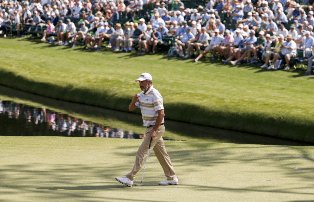Apr 10, 2025; Augusta, Georgia, USA; Jose Maria Olazabal gestures to patrons on the no. 16 green during the first round of the Masters Tournament. Mandatory Credit: Peter Casey-Imagn Images