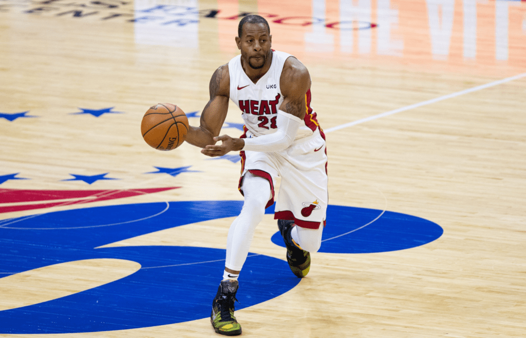 Jan 12, 2021; Philadelphia, Pennsylvania, USA; Miami Heat forward Andre Iguodala (28) brings the ball up court against the Philadelphia 76ers during the second quarter at Wells Fargo Center. Mandatory Credit: Bill Streicher-Imagn Images