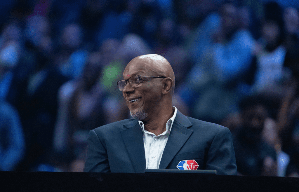 February 19, 2022; Cleveland, OH, USA; NBA great Clyde Drexler during the Slam Dunk Contest during the 2022 NBA All-Star Saturday Night at Rocket Mortgage Field House. Mandatory Credit: Kyle Terada-Imagn Images