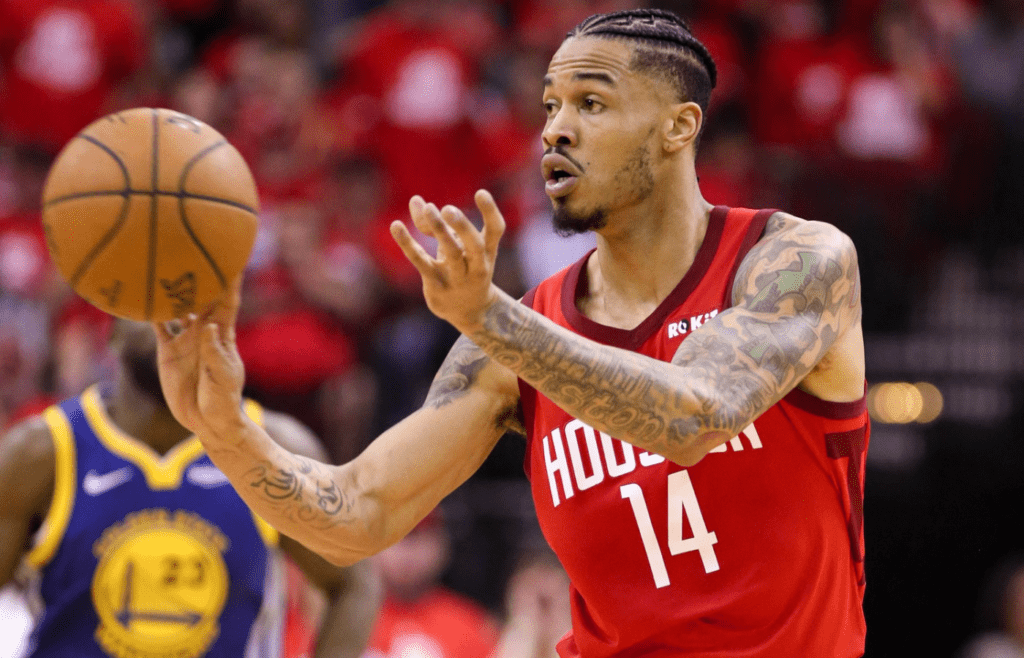 May 10, 2019; Houston, TX, USA; Houston Rockets guard Gerald Green (14) passes against the Golden State Warriors in game six of the second round of the 2019 NBA Playoffs at Toyota Center. Mandatory Credit: Thomas B. Shea-Imagn Images