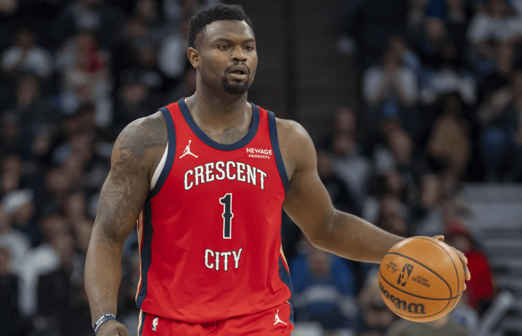 Mar 19, 2025; Minneapolis, Minnesota, USA; New Orleans Pelicans forward Zion Williamson (1) dribbles the ball against the Minnesota Timberwolves in the second half at Target Center. Mandatory Credit: Jesse Johnson-Imagn Images