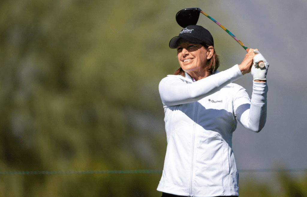 LPGA golfer Juli Inkster tees off on nine during the first day of the Pro-Am at The Galleri Classic at Mission Hills Country Club in Rancho Mirage, Calif., Wednesday, March 22, 2023.