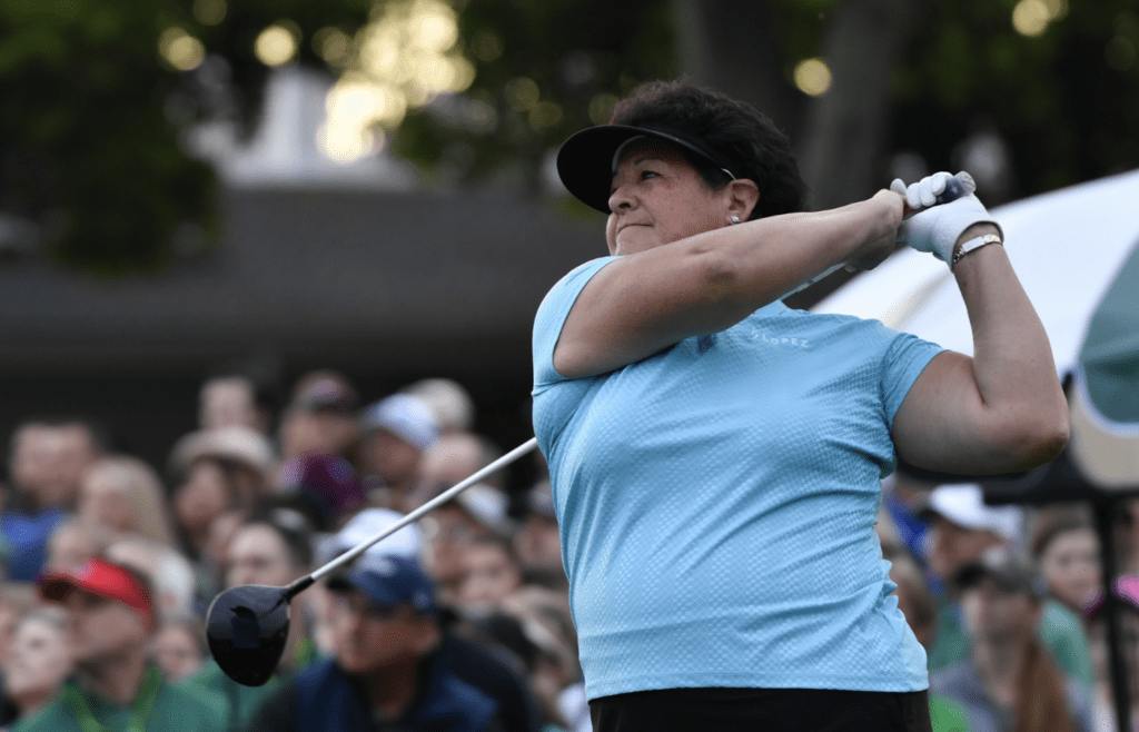 Apr 6, 2019; Augusta, GA, USA; Golf Hall of Fame player Nancy Lopez during the ceremonial start of the final round of the Augusta National Women's Amateur golf tournament at Augusta National GC. Mandatory Credit: Michael Madrid-Imagn Images