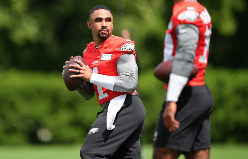 Jun 10, 2025; Philadelphia, PA, USA; Philadelphia Eagles quarterback Jalen Hurts (1) performs a practice drill at NovaCare Complex. Mandatory Credit: Kyle Ross-Imagn Images
