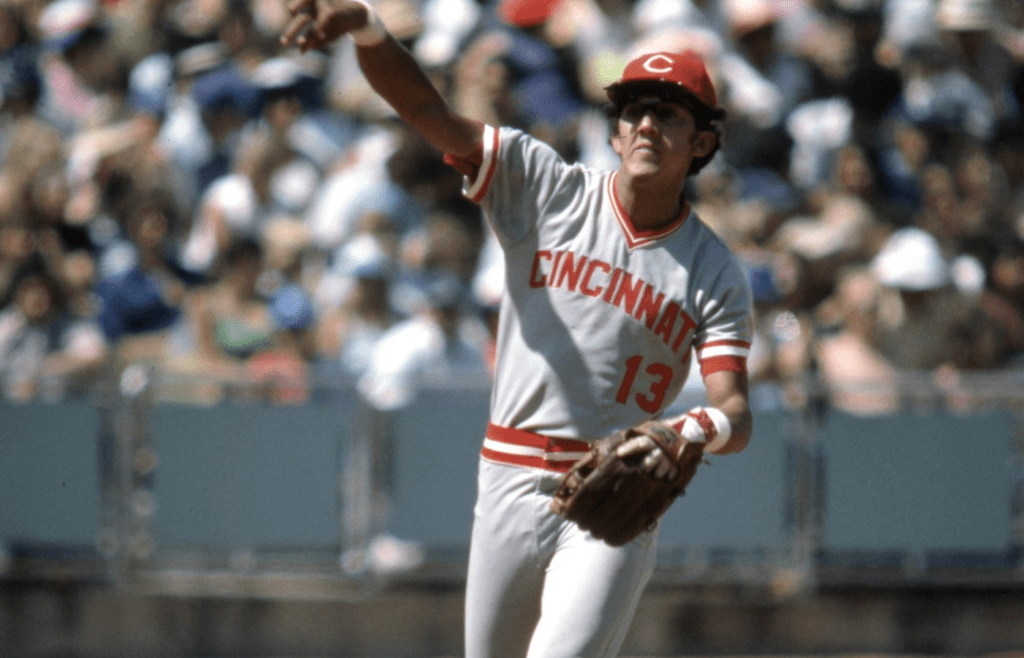 Sep 1974; Los Angeles, CA, USA: FILE PHOTO; Cincinnati Reds short stop Dave Concepcion (13) in action during the 1974 season at Dodger Stadium. Mandatory Credit: Darryl Norenberg-Imagn Images