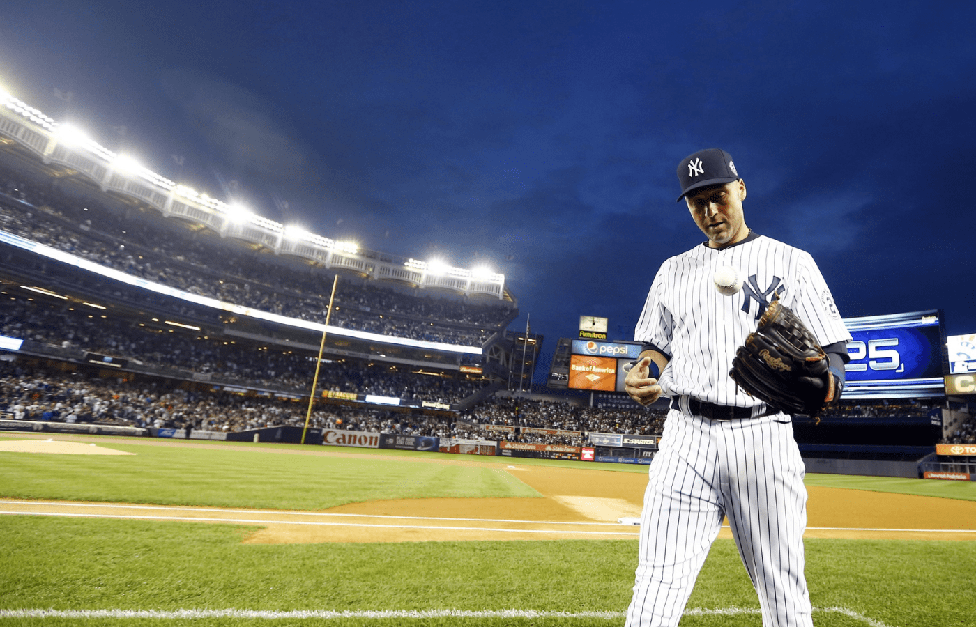 Sep 25, 2014; New York, NY, USA; New York Yankees shortstop Derek Jeter (2) warms up prior to the game against the Baltimore Orioles at Yankee Stadium. Mandatory Credit: William Perlman/NJ Advance Media for NJ.com via Imagn Images
