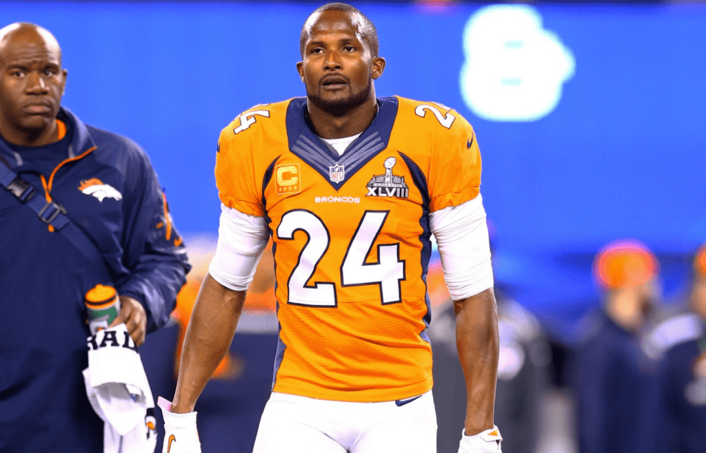 Feb 2, 2014; East Rutherford, NJ, USA; Denver Broncos cornerback Champ Bailey (24) against the Seattle Seahawks in Super Bowl XLVIII at MetLife Stadium. Mandatory Credit: Mark J. Rebilas-Imagn Images