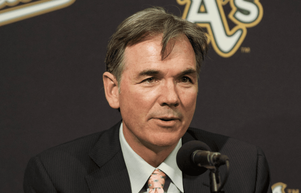 Dec 18, 2012; Oakland, CA, USA; Oakland Athletics general manager Billy Beane addresses the media in a press conference announcing the signing of shortstop Hiroyuki Nakajima (not pictured) at O.co Coliseum. Mandatory Credit: Kyle Terada-Imagn Images