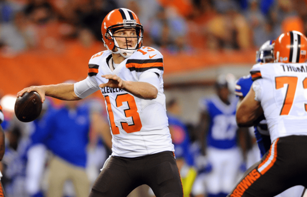 Aug 20, 2015; Cleveland, OH, USA; Cleveland Browns quarterback Josh McCown (13) throws a pass during the first quarter against the Buffalo Bills at FirstEnergy Stadium. Mandatory Credit: Ken Blaze-Imagn Images