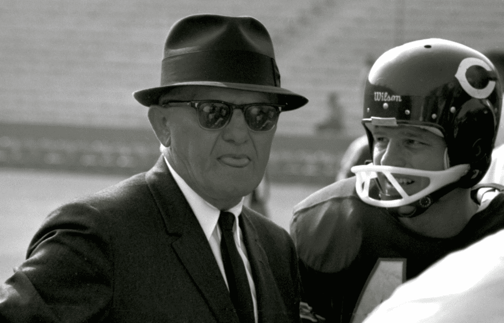 Chicago Bears head coach George Halas on the sideline against the Los Angeles Rams at the Los Angeles Memorial Coliseum.