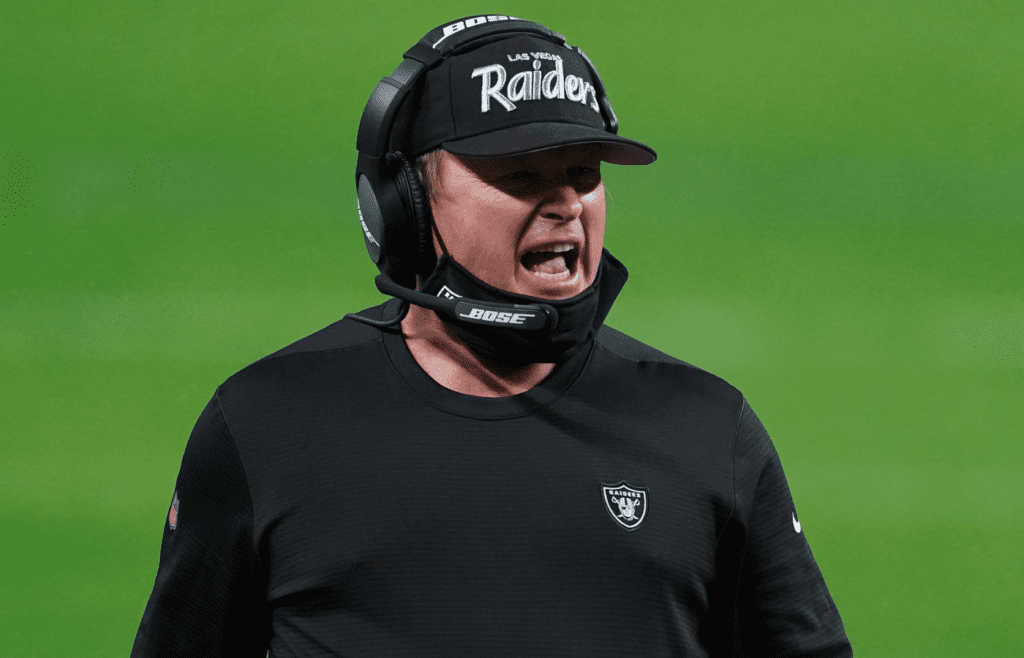 Las Vegas Raiders head coach Jon Gruden watches game action against the Kansas City Chiefs during the first half at Allegiant Stadium.