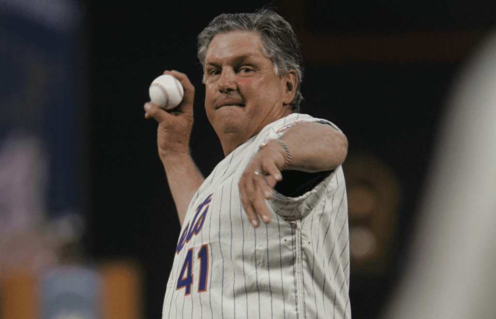 Tom Seaver along with Nolan Ryan and Jerry Koosman (not shown) threw out the first pitch of Saturday nights game against the Phillies. The team was there for the recognition of the 40th anniversary of the 1969 world championship team. Saturday, August 22, 2009. 8db00lbw