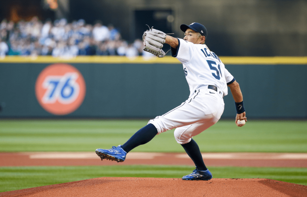 Apr 15, 2022; Seattle, Washington, USA; Seattle Mariners former outfielder Ichiro Suzuki throws out the first pitch before a game against the Houston Astros at T-Mobile Park. Mandatory Credit: Joe Nicholson-Imagn Images